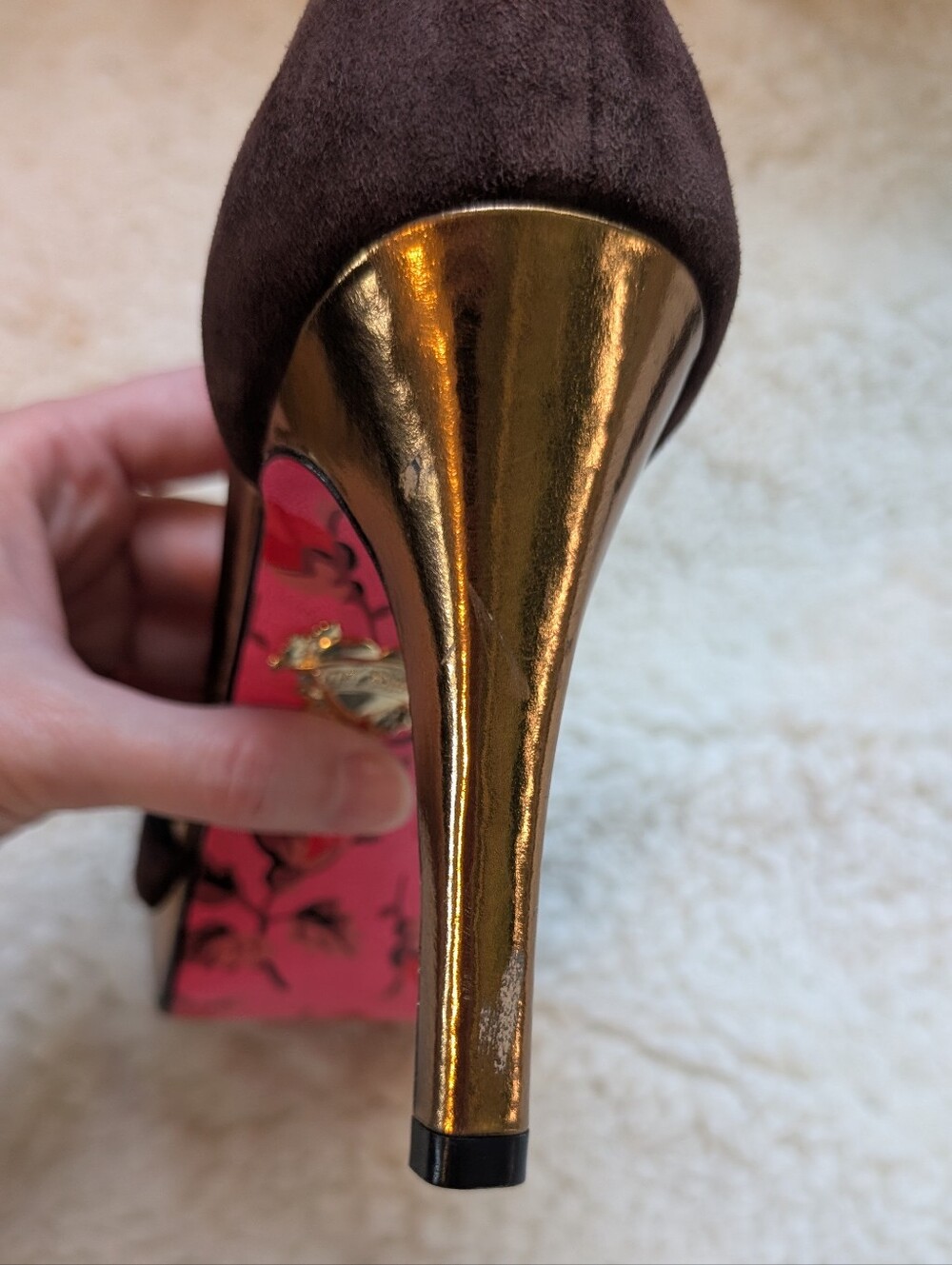 Betsey Johnson Brown Suede Open-Toe Heels with Gold Trim - Picture 5 of 6